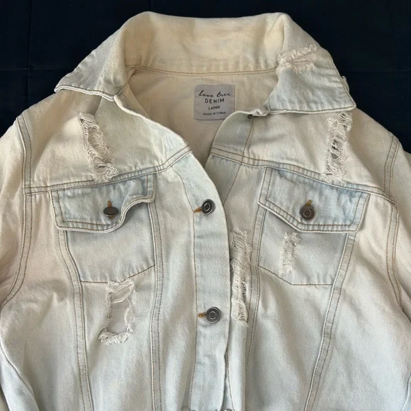 Women’s Love Tree Distressed Cropped Denim Button Up Jacket L - Picture 2 of 9